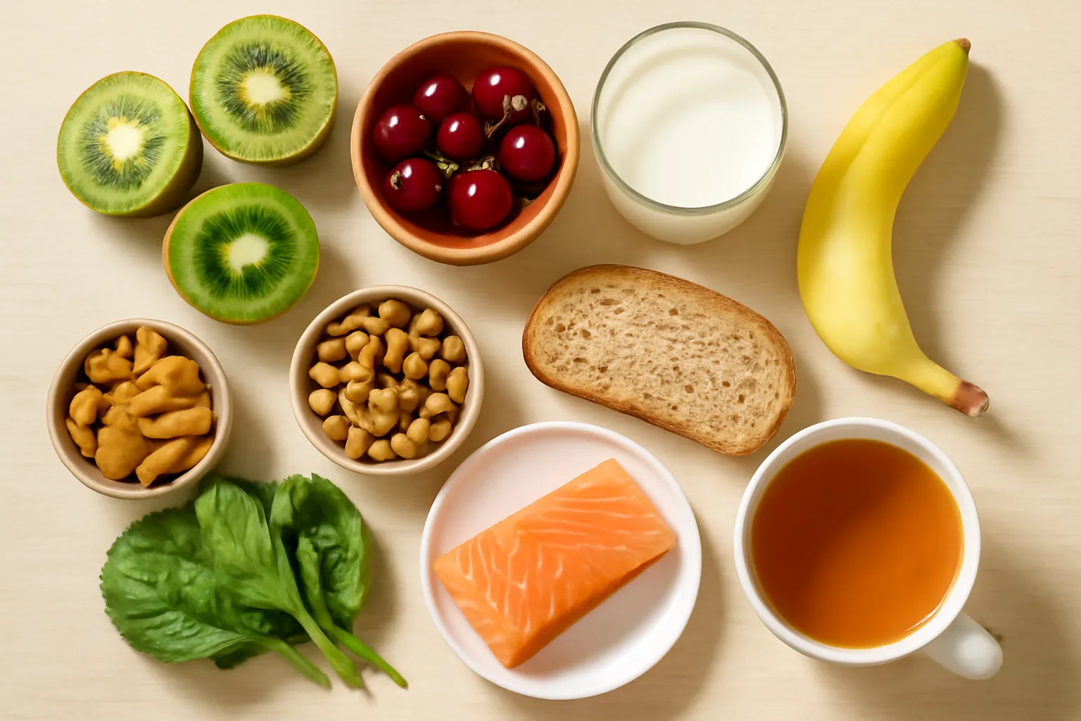 Overhead flat lay of sleep-supporting foods including kiwis, cherries, nuts, fish, and herbal tea