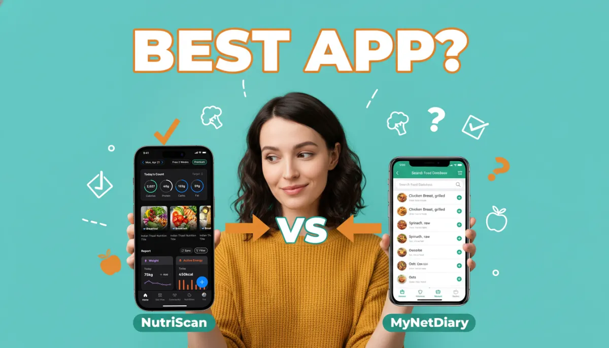 NutriScan vs MyNetDiary comparison showing two nutrition apps side by side with food tracking features
