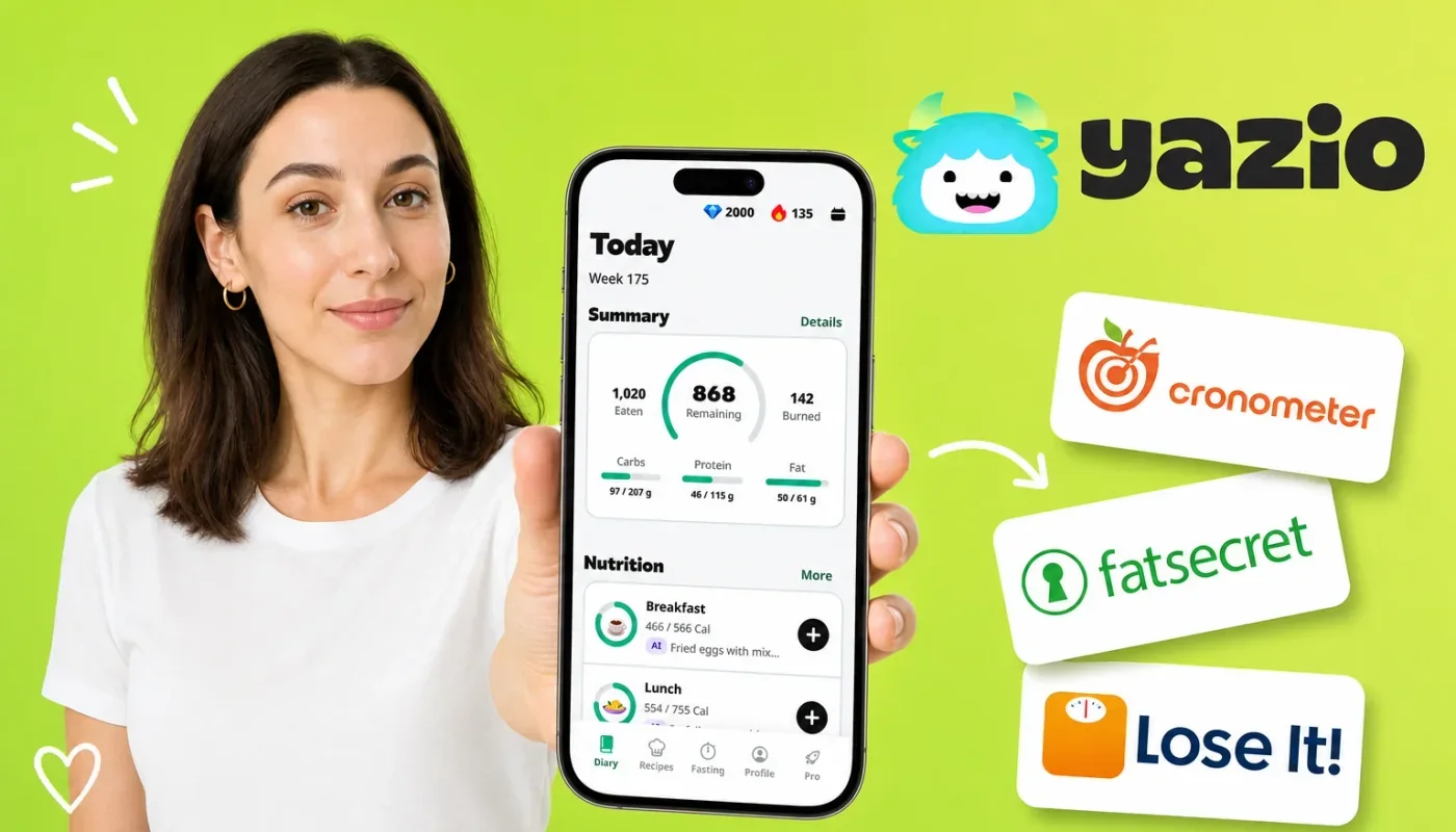 Smartphone showing a calorie and fasting tracker beside a bowl of curry and a fasting clock, representing the best YAZIO alternatives in 2026