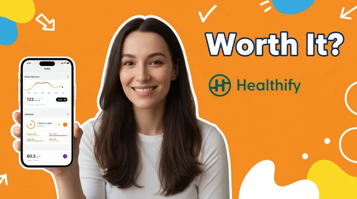 HealthifyMe app review showing Ria AI coaching and Indian food tracking features on a smartphone