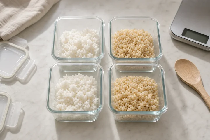 Four glass meal prep containers of cooked rice on a kitchen counter beside a digital scale