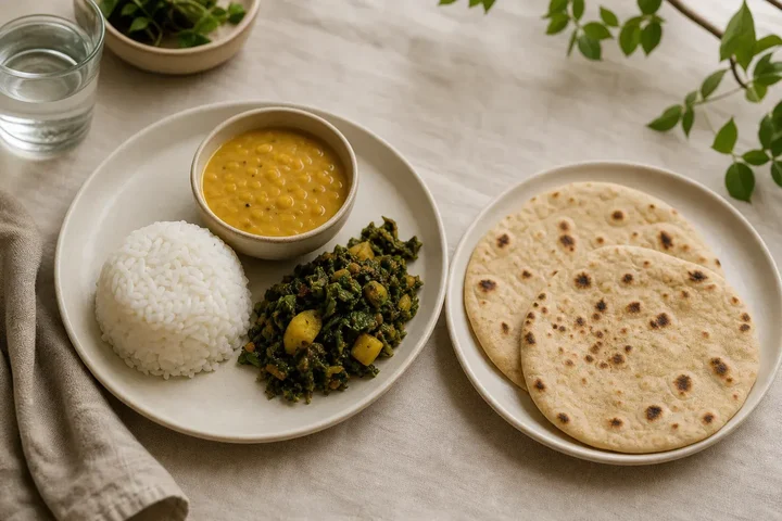 An overhead shot of a plate of rice with dal and a green vegetable beside a plate holding two flatbreads