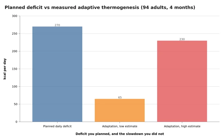 Bar chart comparing a planned 270 kcal per day deficit against measured adaptive thermogenesis of 65 to 230 kcal per day, showing how much of the deficit can be cancelled out