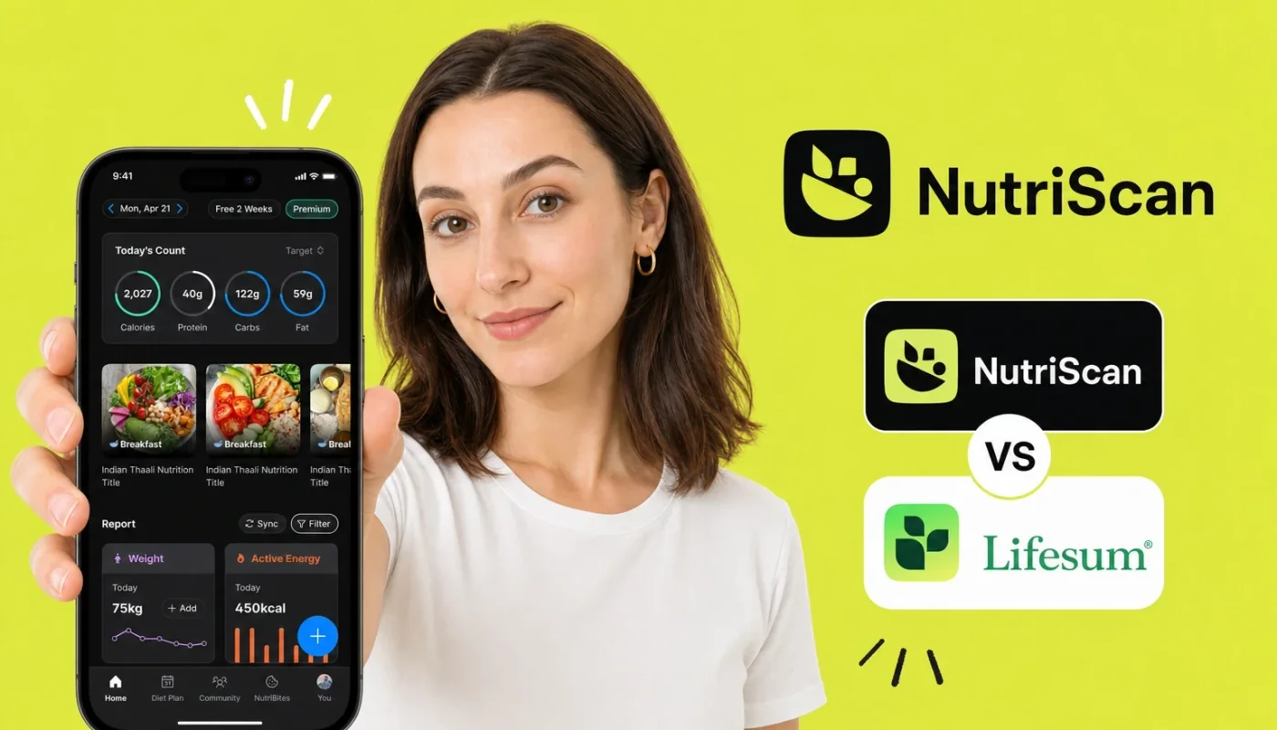 Two smartphones side by side showing NutriScan and Lifesum food tracking app screens with AI photo scan comparison