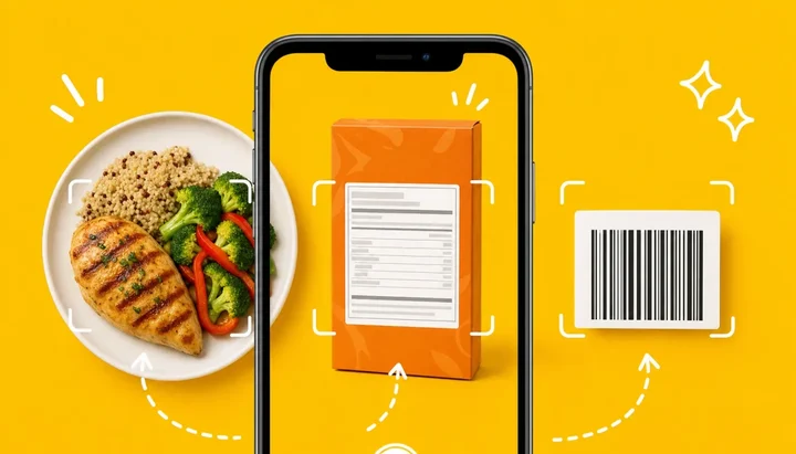 Phone camera pointed at a cooked meal, a nutrition label, and a barcode side by side, showing three ways to log the same food