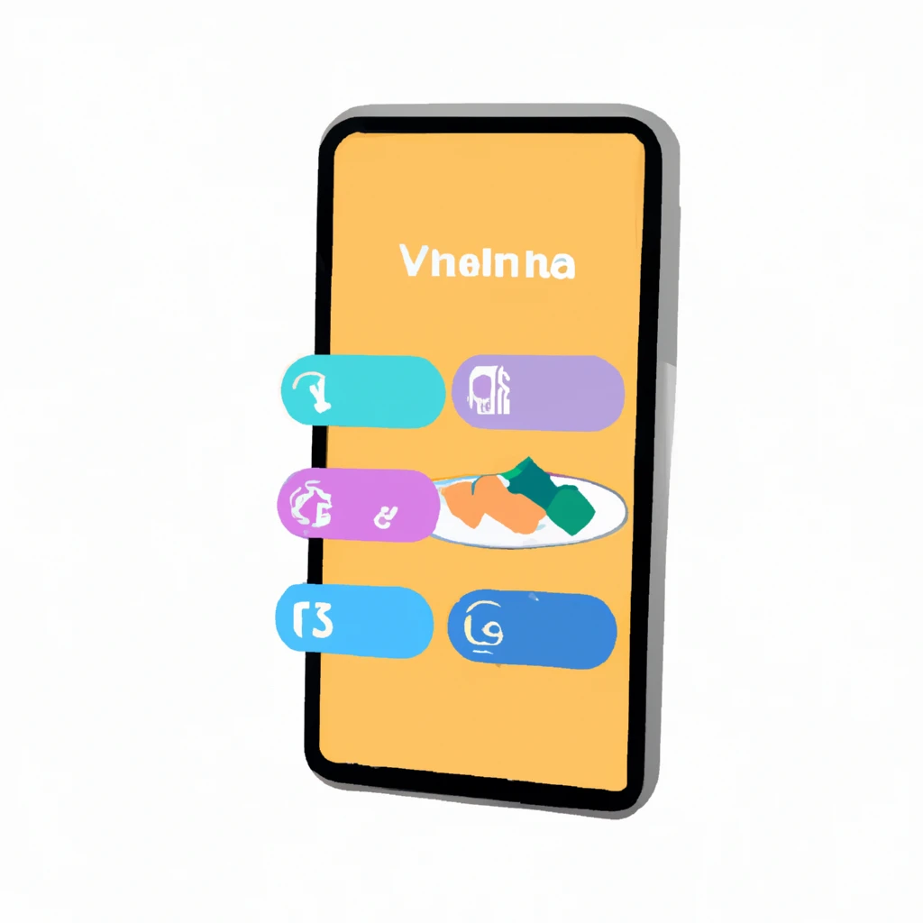Illustration of smartphone showing nutrient progress bars and vitamin icons with surrounding food items
