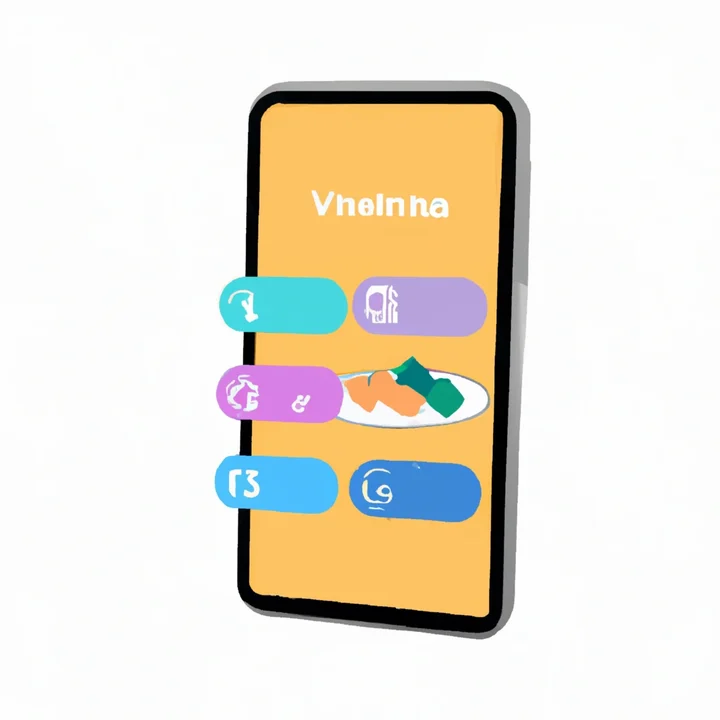 Illustration of smartphone showing nutrient progress bars and vitamin icons with surrounding food items