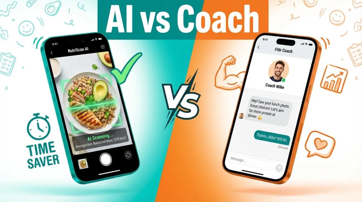NutriScan vs Fittr comparison showing AI meal scanning versus human coaching approaches