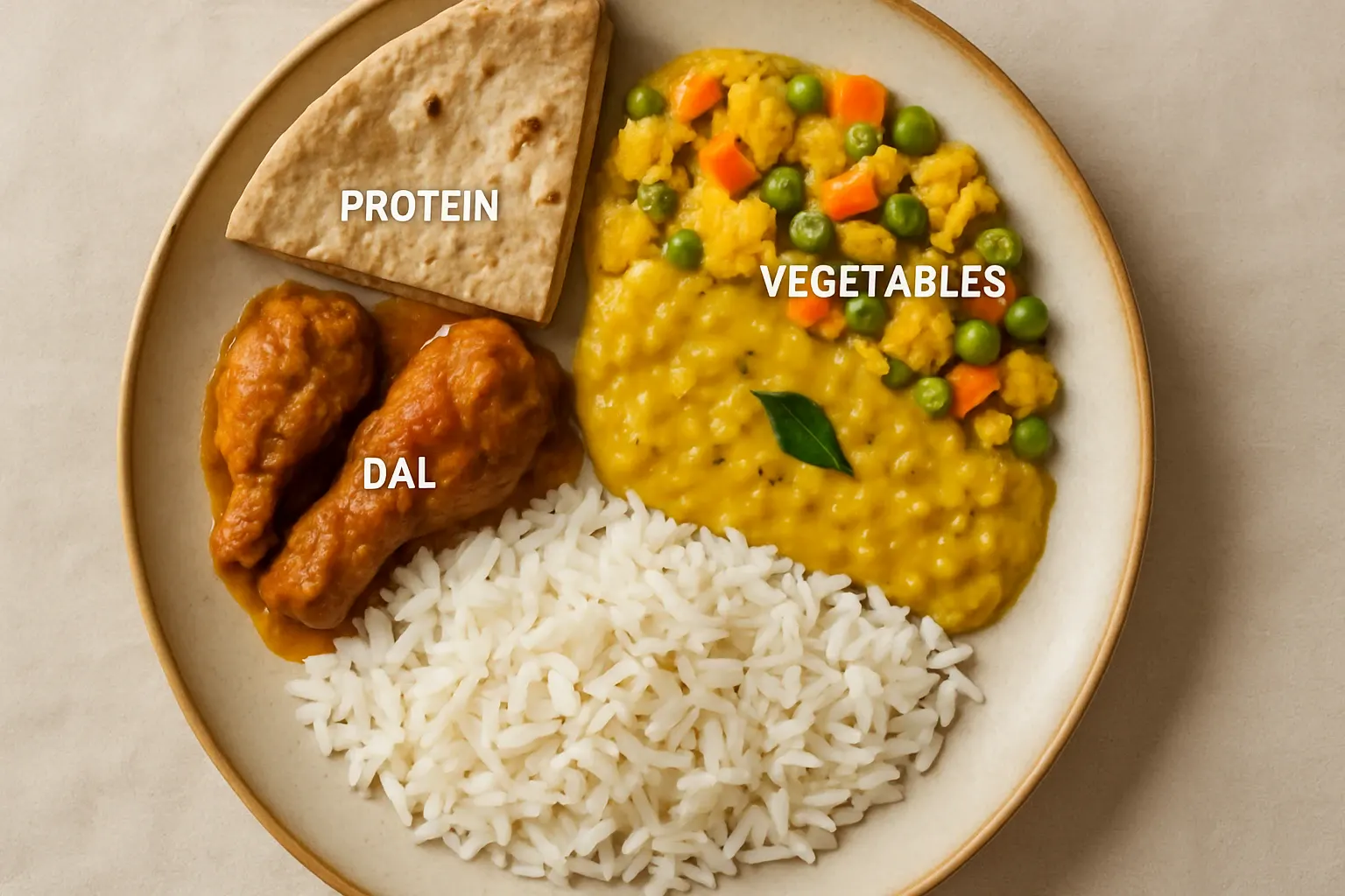 Top-view of a balanced Indian meal plate showing protein dal and vegetable sections