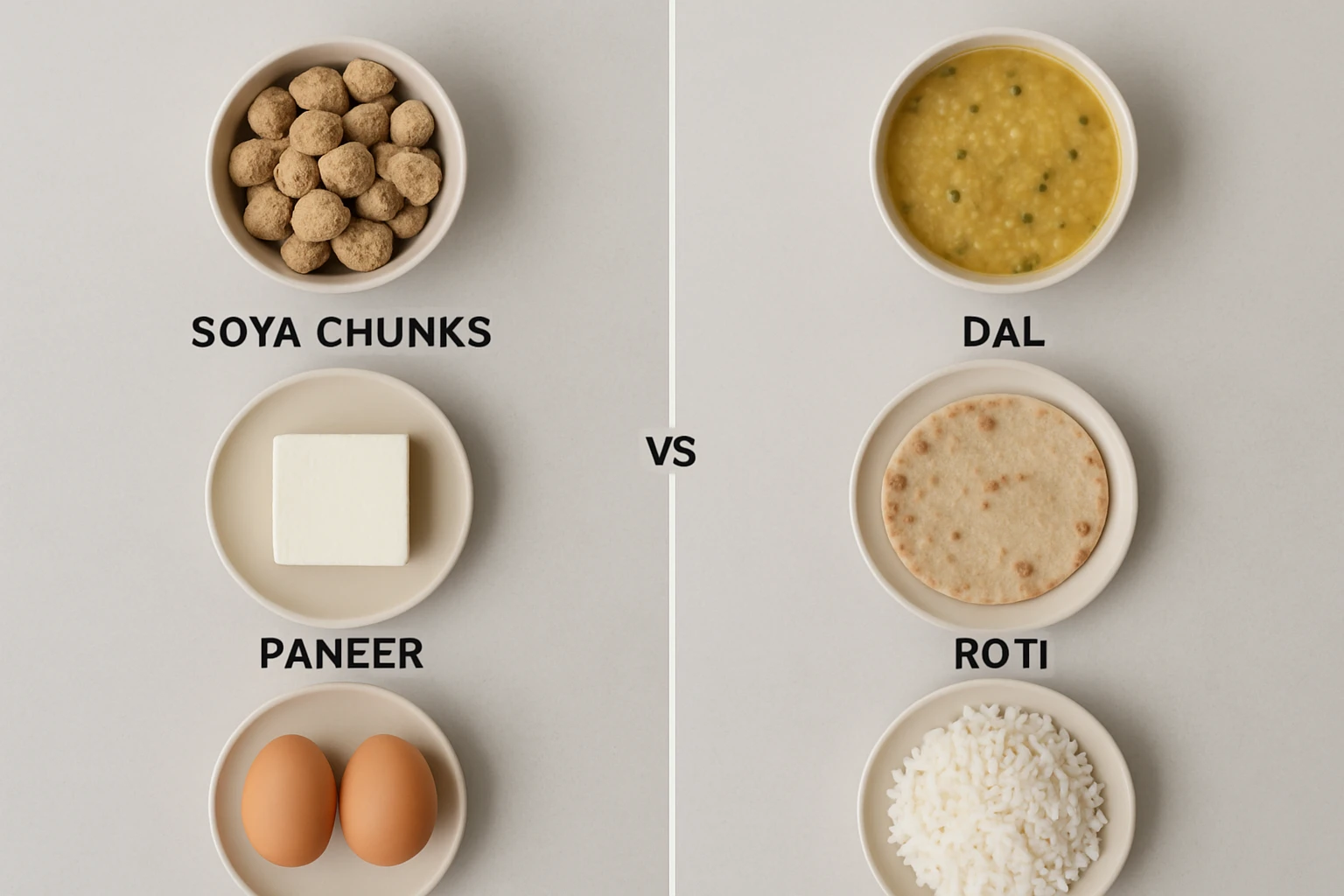 High-protein Indian food swaps comparison grid - soya chunks, paneer, eggs, and chicken as protein anchors