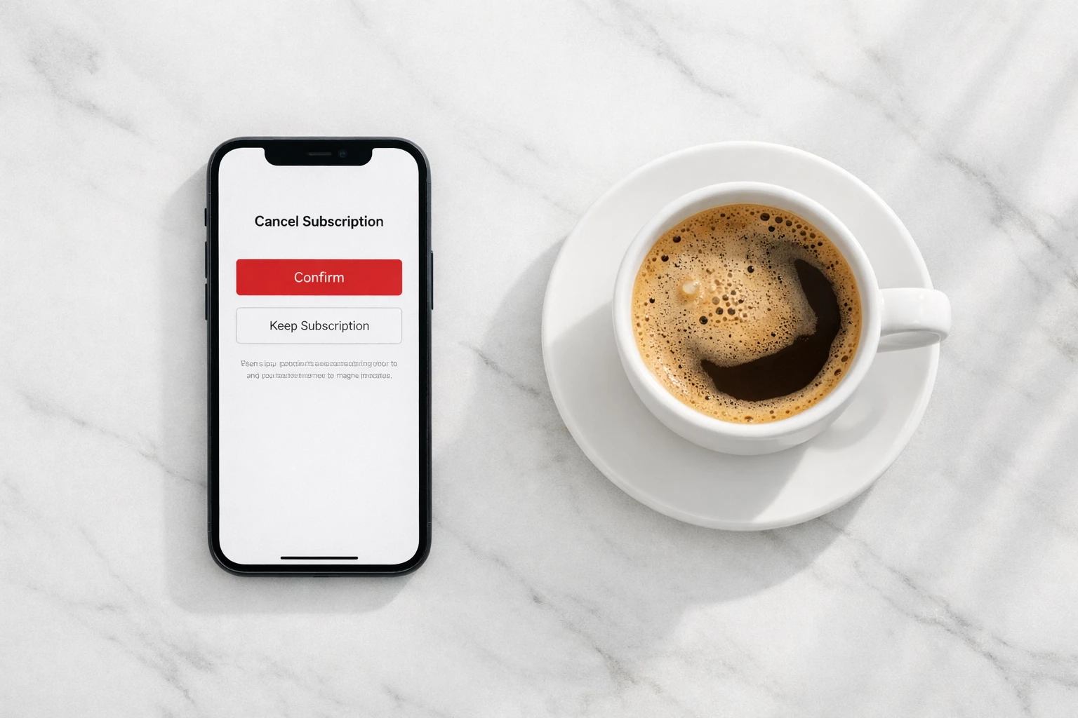 iPhone showing subscription cancel screen on white marble surface with coffee cup