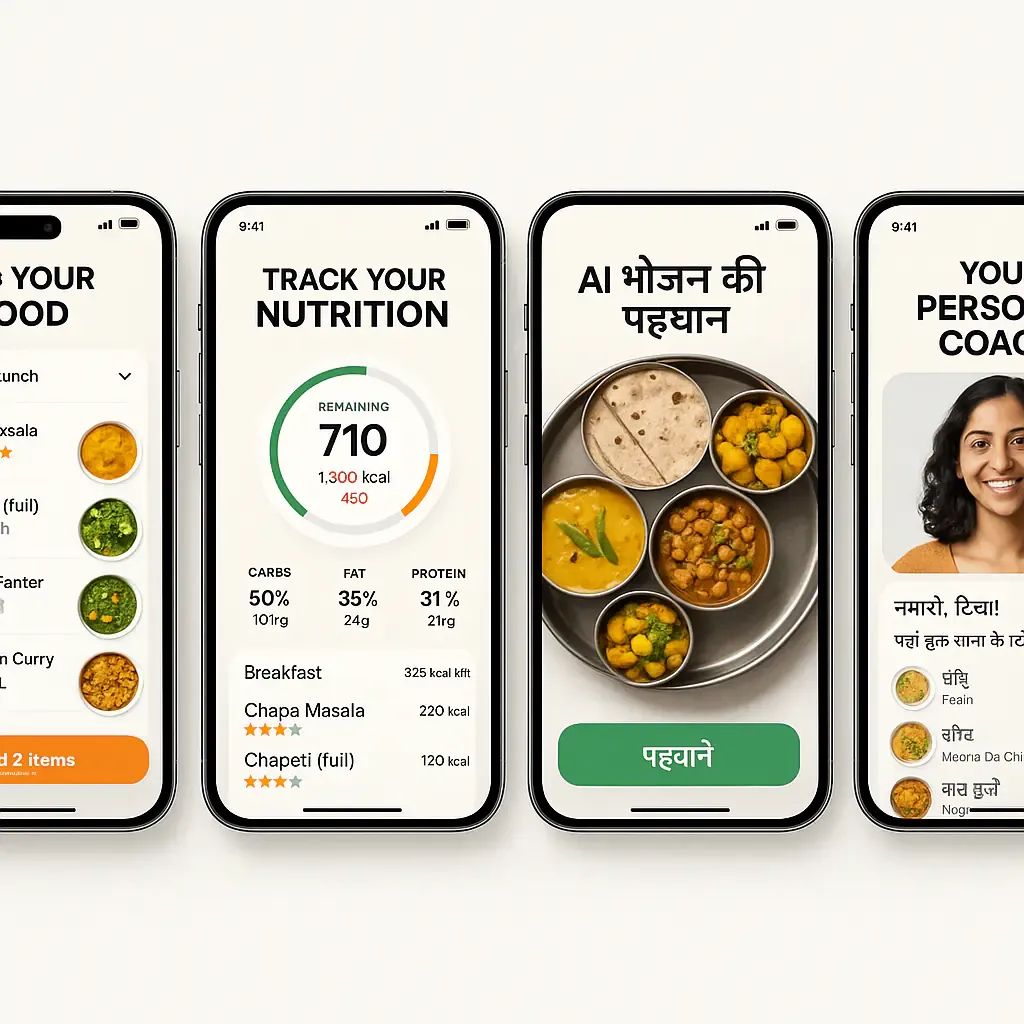 Examples of popular Indian diet tracking apps and interfaces
