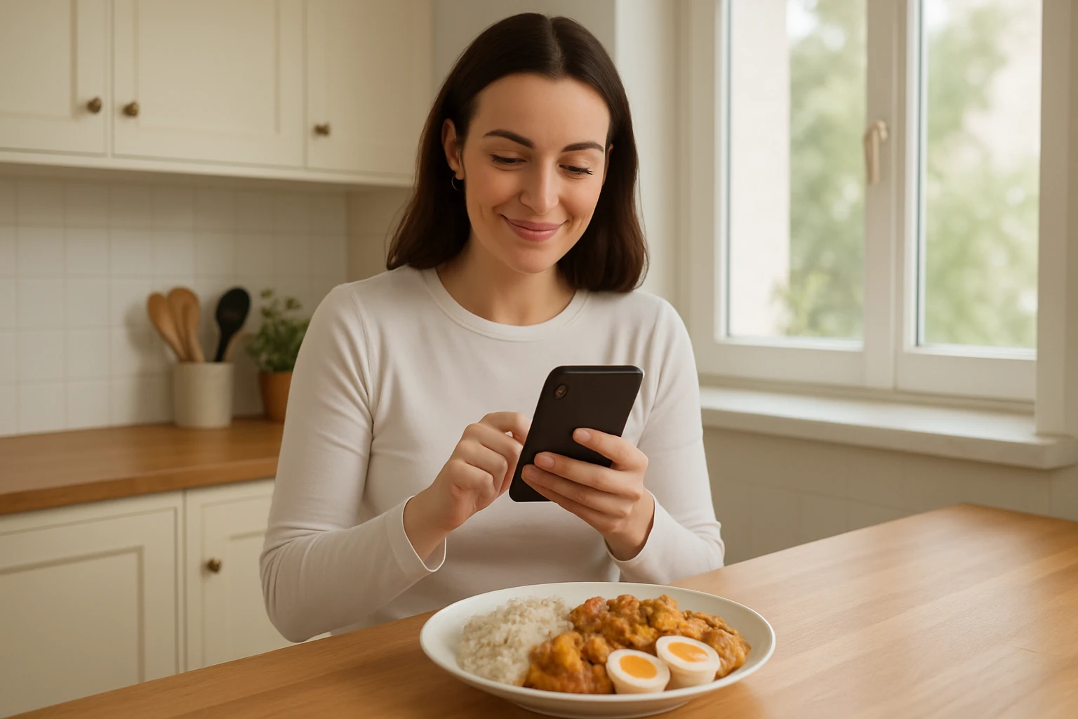 Nutrition coach logging a large cooked meal on a smartphone in a bright kitchen