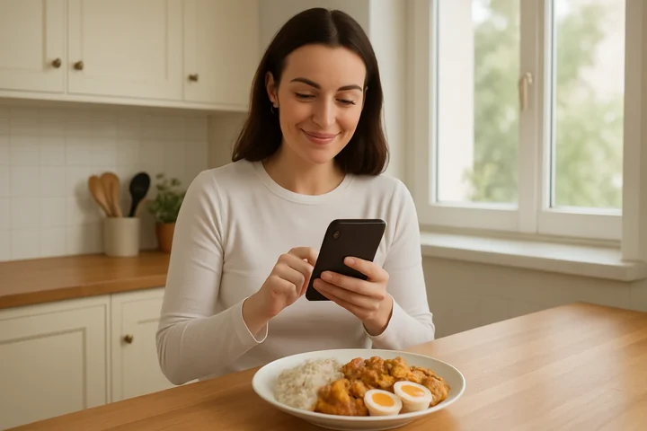 Nutrition coach logging a large cooked meal on a smartphone in a bright kitchen