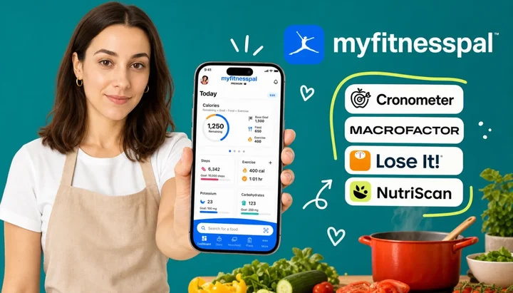 A phone propped on a kitchen counter showing a recipe ingredient list beside a chopping board of fresh ingredients being prepped