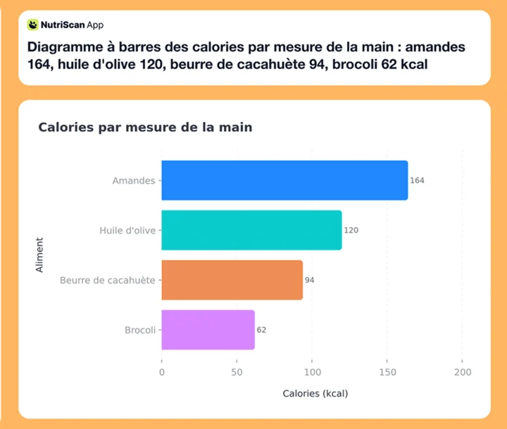 Diagramme à barres des calories par mesure de la main : amandes 164, huile d'olive 120, beurre de cacahuète 94, brocoli 62 kcal