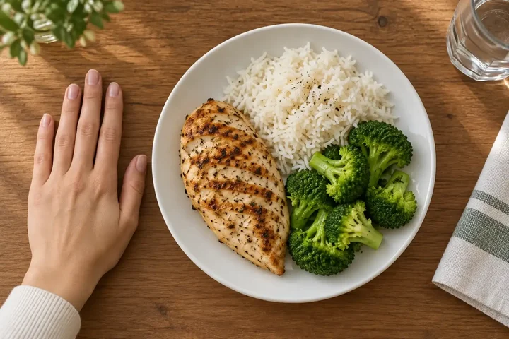Grilled chicken breast, white rice and steamed broccoli on a white plate beside an open hand on a wooden table