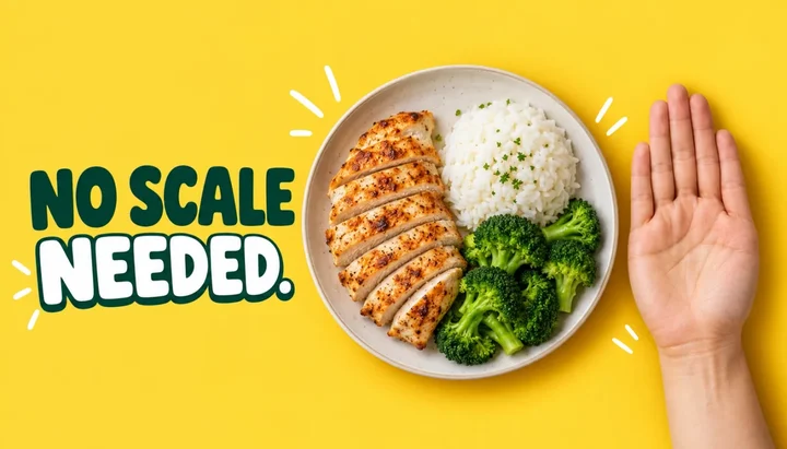 Plate of grilled chicken, white rice and broccoli beside an open hand, with the headline NO SCALE NEEDED on a yellow background