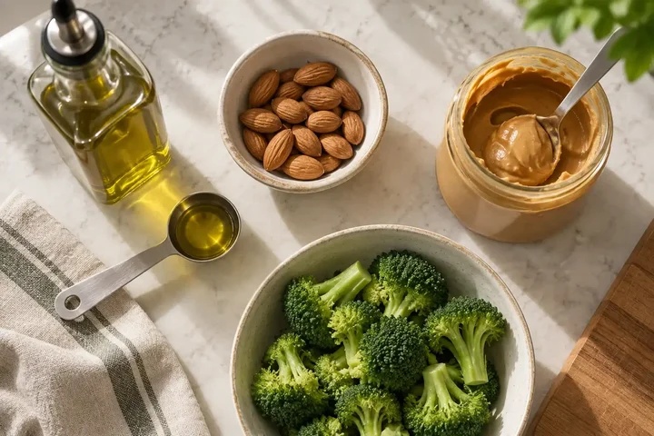 Olive oil bottle with a measuring spoon, a bowl of almonds, an open jar of peanut butter and a bowl of broccoli on a kitchen counter