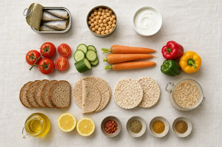 Four rows of no-cook ingredients on pale linen: opened tins of sardines and chickpeas with a yogurt bowl, raw tomatoes cucumbers carrots and peppers, bread wraps rice cakes and soaked oats, and olive oil lemon and spice bowls