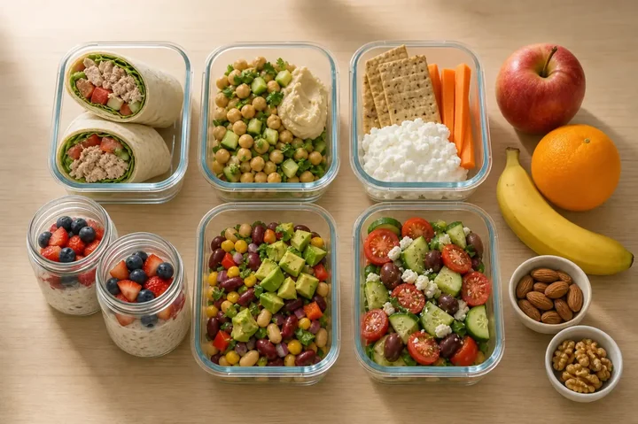 Seven glass containers of assembled no-cook meals on a light wooden table: tuna wraps, chickpea and hummus bowl, cottage cheese with crackers and carrots, overnight oats jars, bean and avocado salad, whole fruit and small bowls of nuts