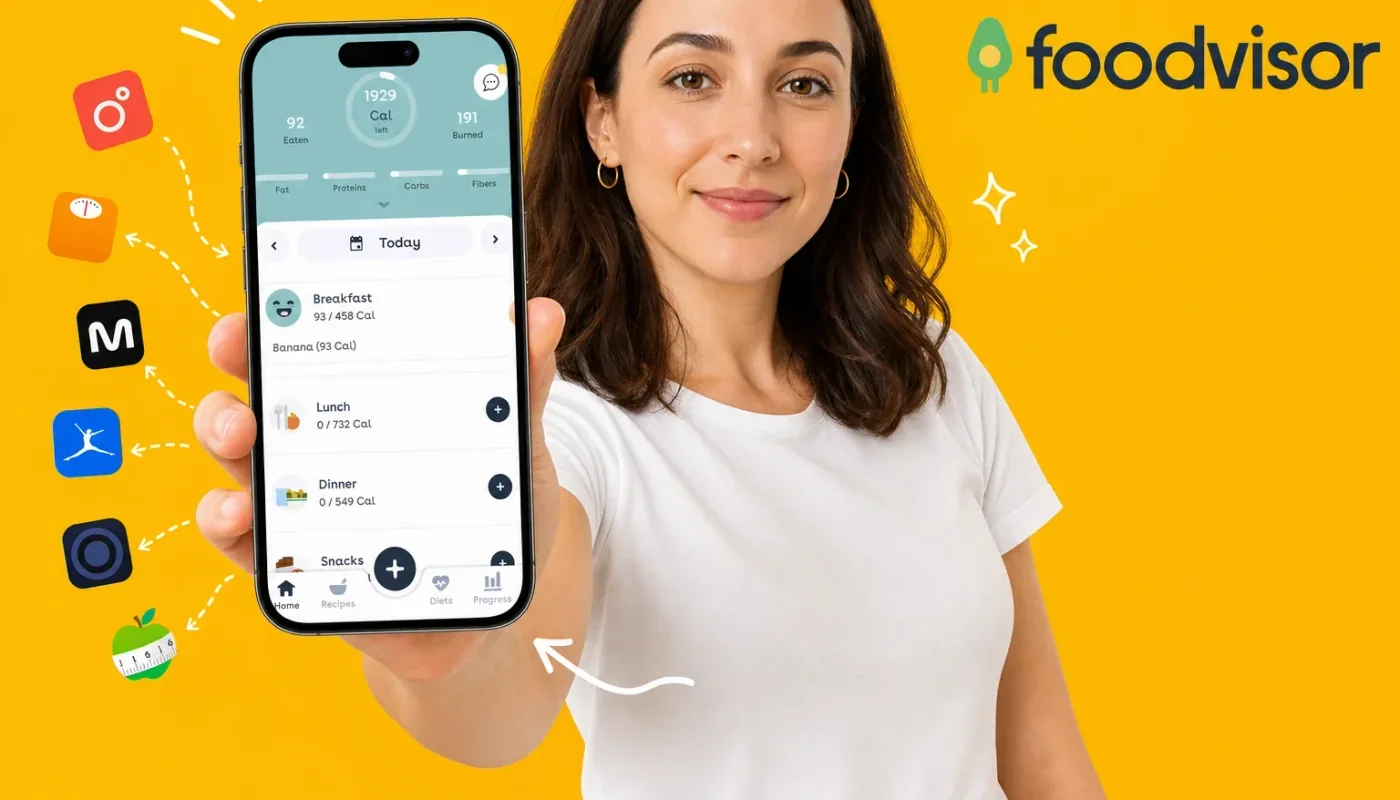 Smartphone showing a nutrition tracking app propped beside a bowl of vegetable curry and a grilled chicken salad, representing the best Foodvisor alternatives in 2026
