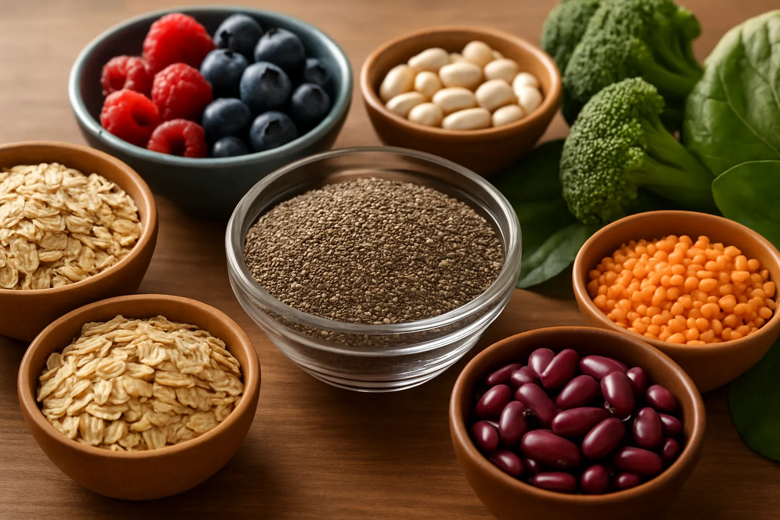 Close-up of various high-fiber foods arranged on a wooden table