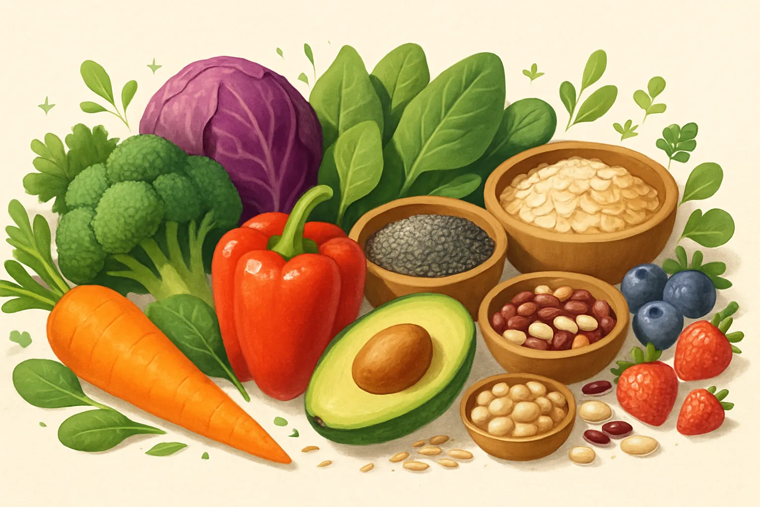 Vibrant arrangement of high-fiber foods including vegetables, whole grains, legumes, and fruits representing the FiberMaxxing journey to better gut health