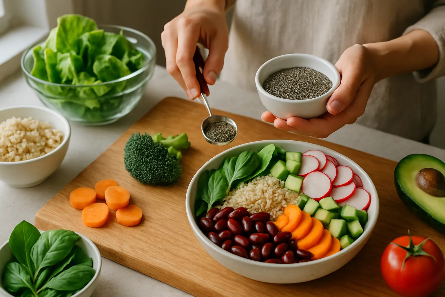 Person's hands preparing a healthy meal with high-fiber ingredients