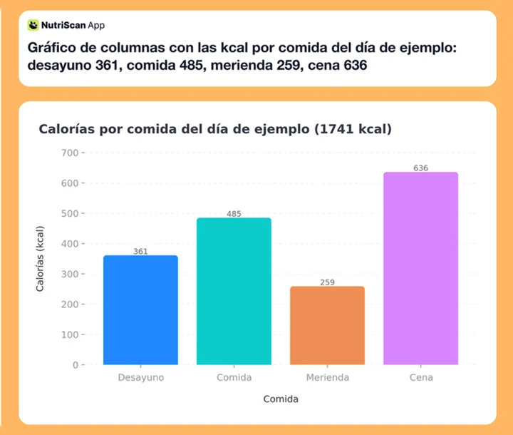Gráfico de columnas con las kcal por comida del día de ejemplo: desayuno 361, comida 485, merienda 259, cena 636