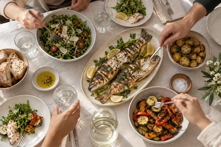 Overhead view of friends sharing grilled fish, a green salad, roasted vegetables and potatoes at a restaurant table