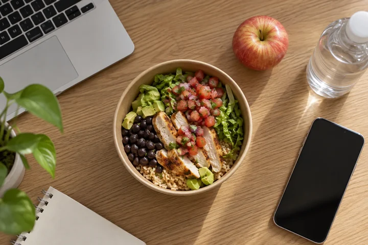 A chicken burrito bowl with black beans and salsa beside an apple, a water bottle and a phone on a wooden desk