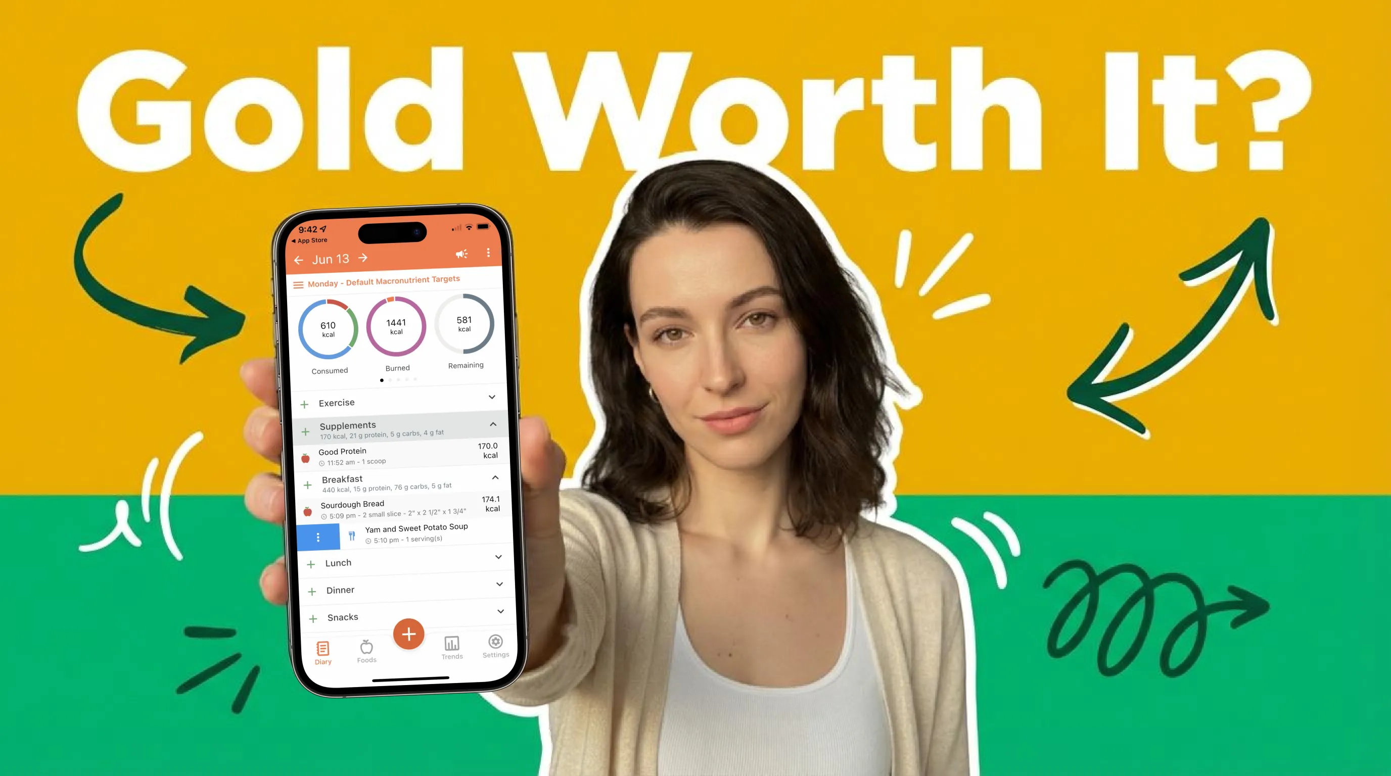 Smartphone showing nutrition tracking app on wooden desk surrounded by healthy foods representing Cronometer Gold features