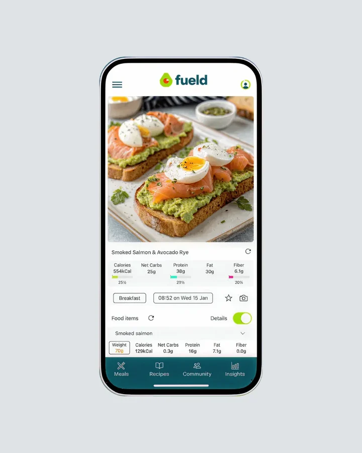 Fueld app का इंटरफेस, जिसमें एडवांस्ड AI टेक्सचर विश्लेषण और नई फूड पहचान टेक्नोलॉजी दिख रही है