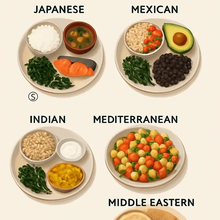 An infographic showing whole food plates from different cuisines around the world