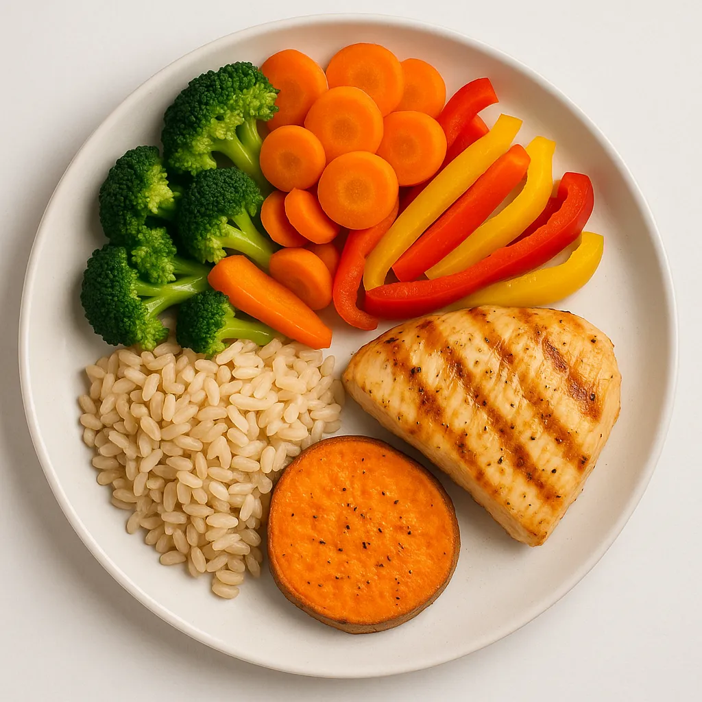 Visual demonstration of the half-plate rule: half plate filled with vegetables, quarter with protein, quarter with carbs.