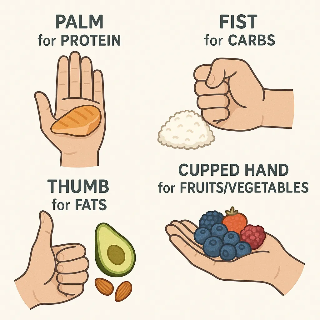 Hand portion measurement guide showing palm for protein, fist for carbs, thumb for fats, and cupped hand for fruits.