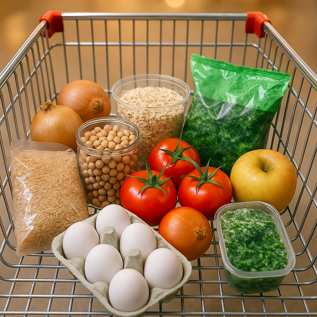 A shopping cart filled with healthy, budget-friendly groceries like brown rice, chickpeas, eggs, and seasonal fruit.