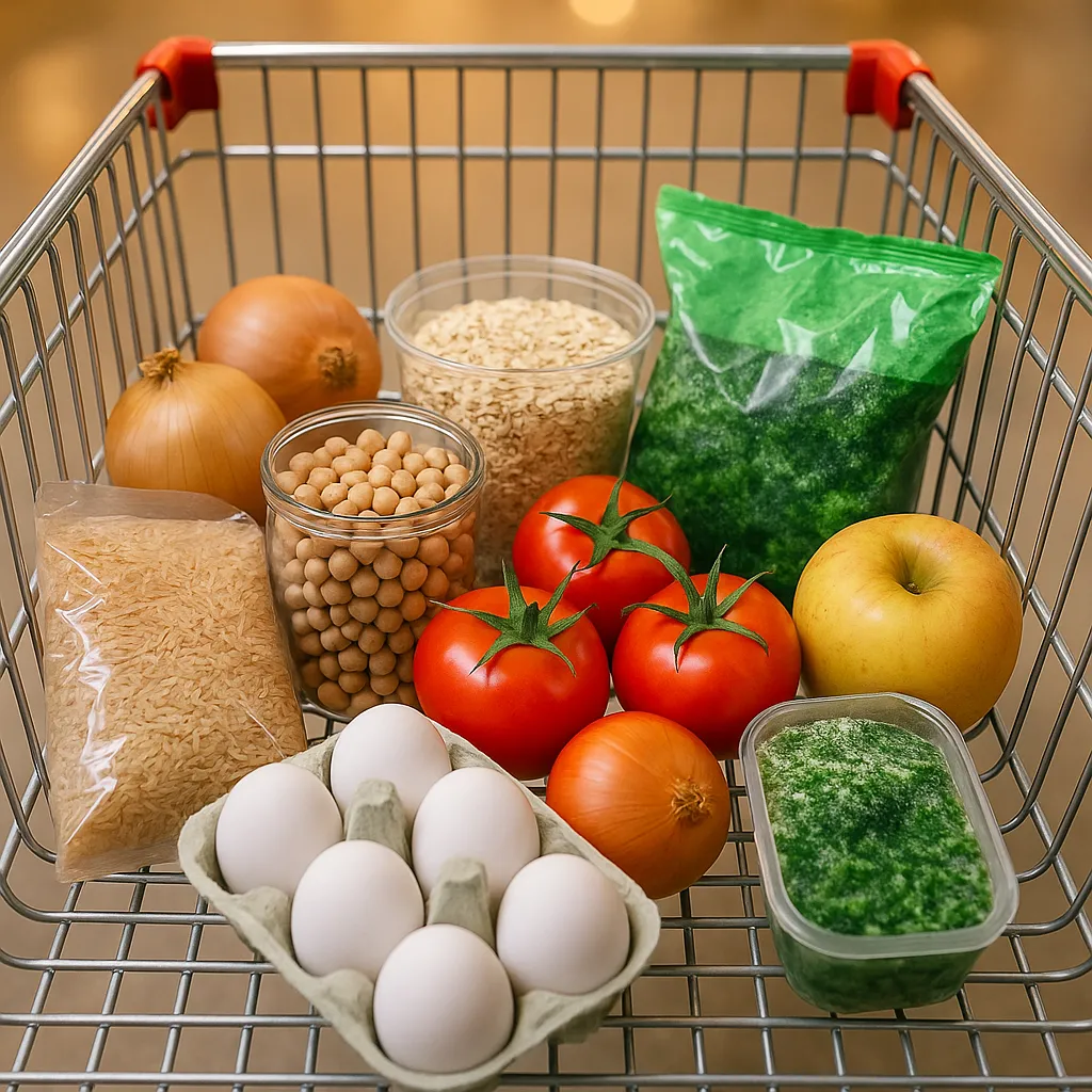 A shopping cart filled with healthy, budget-friendly groceries like brown rice, chickpeas, eggs, and seasonal fruit.