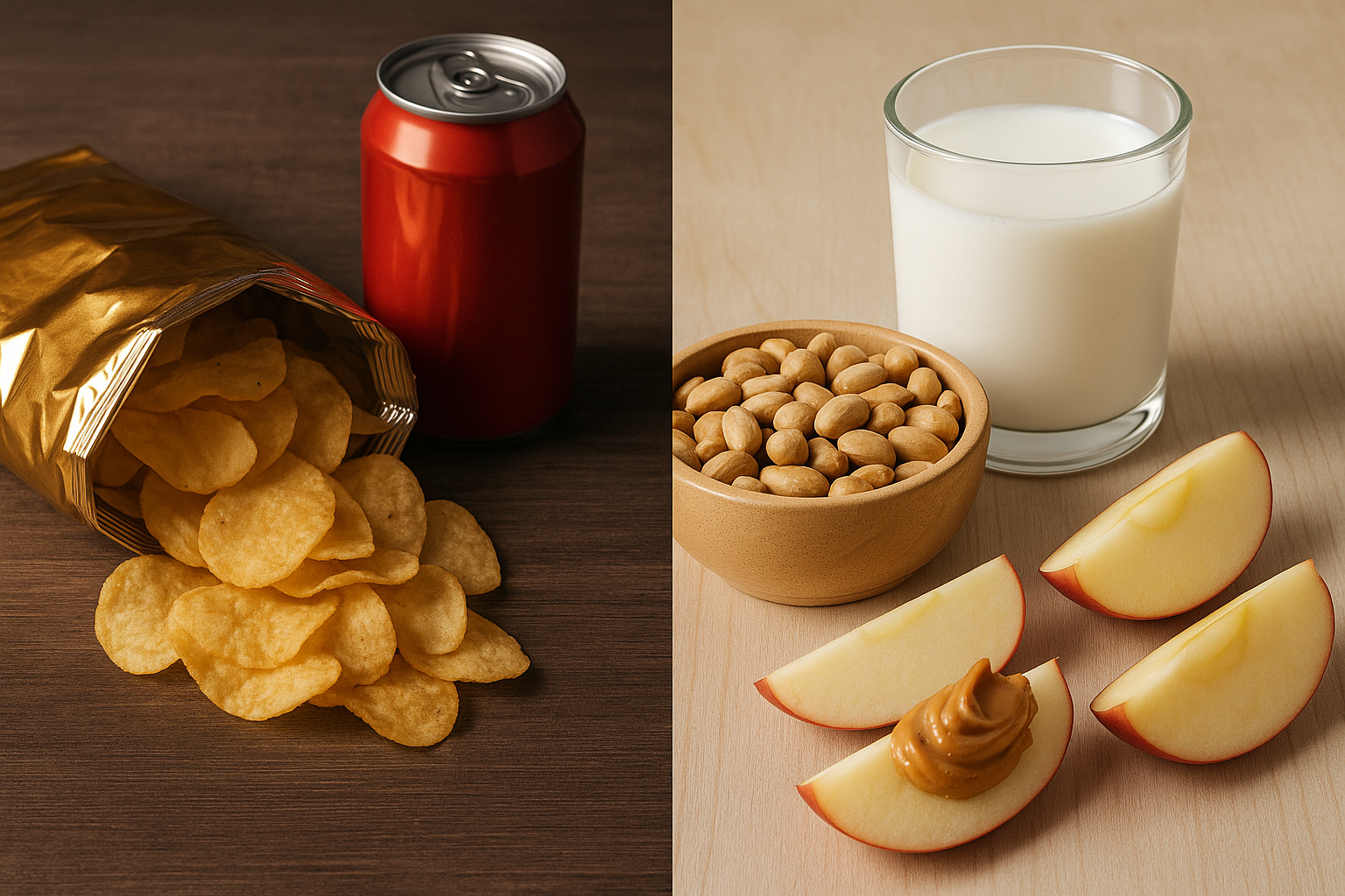 A comparison of unhealthy snacks like chips and soda versus healthy alternatives like roasted peanuts, buttermilk, and apple slices with peanut butter.