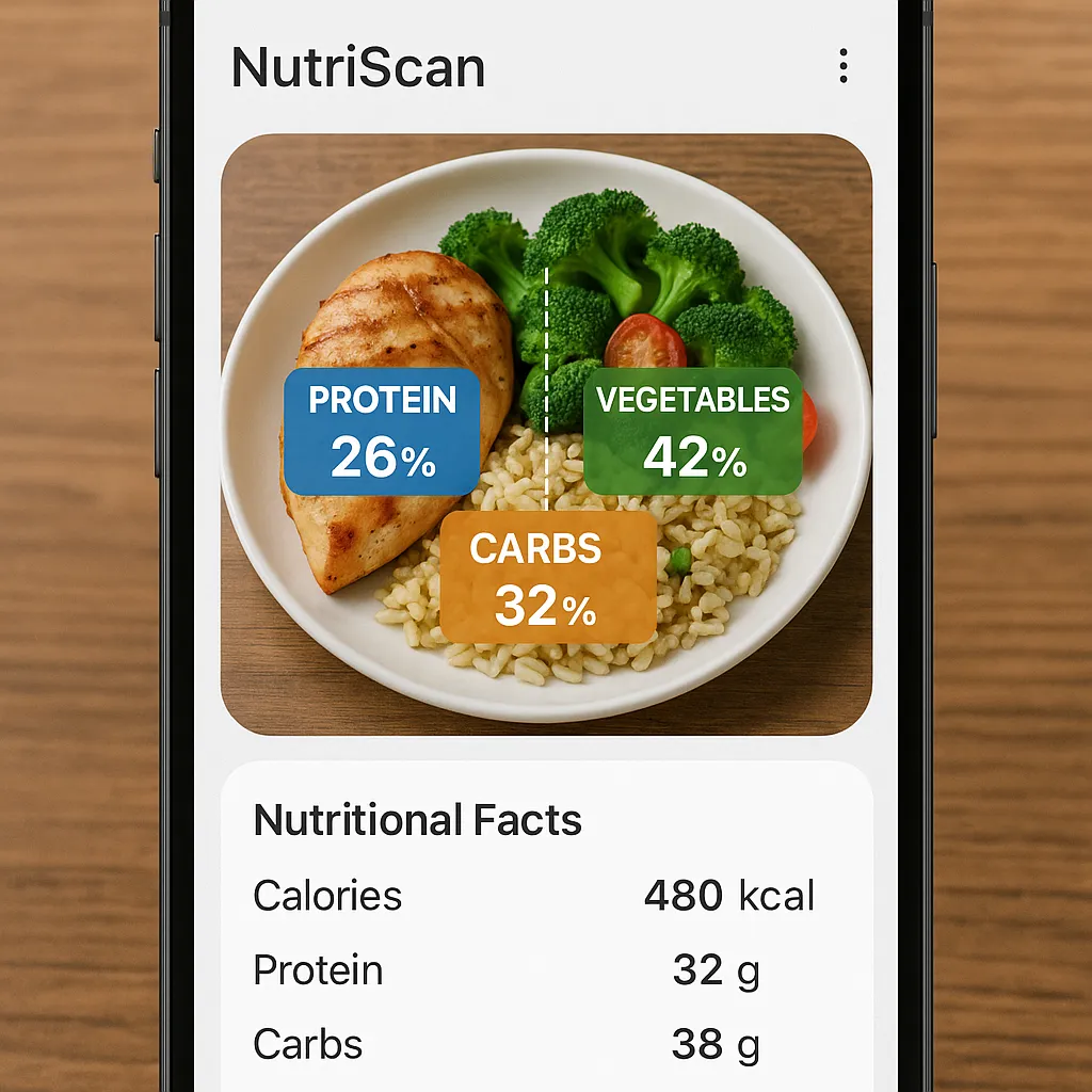 Smartphone screen showing the NutriScan app analyzing a plate of food with portion indicators and nutritional breakdown.