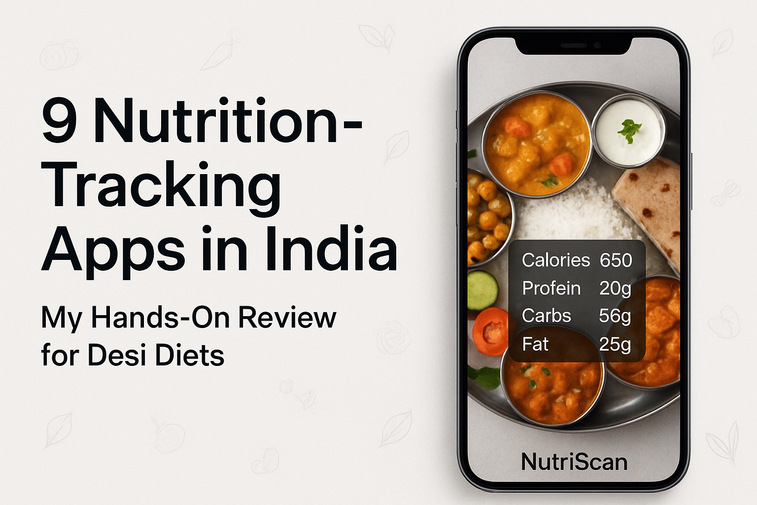 9 nutrition tracking apps compared for Indian diets, showing smartphone with Indian thali meal and nutrition overlay