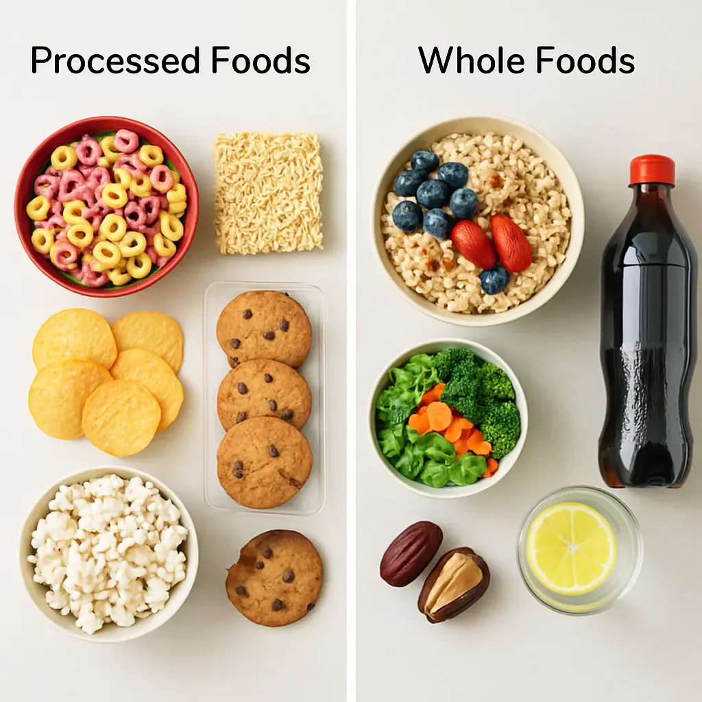 A before/after comparison showing processed versus whole food meal options