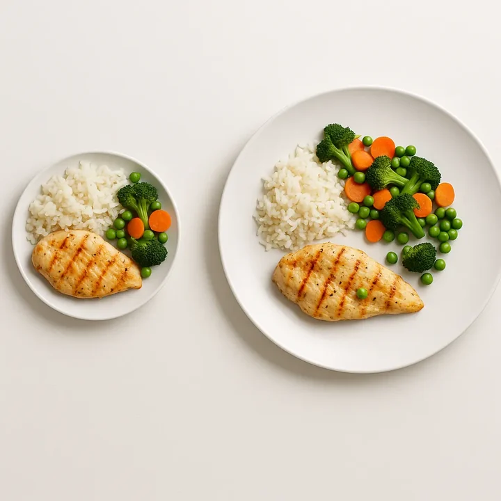 Same meal served on a small plate vs large plate, showing how plate size creates the illusion of portion size.