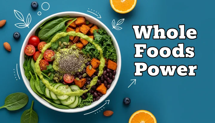 A colorful arrangement of whole foods including fresh fruits, vegetables, whole grains, and nuts