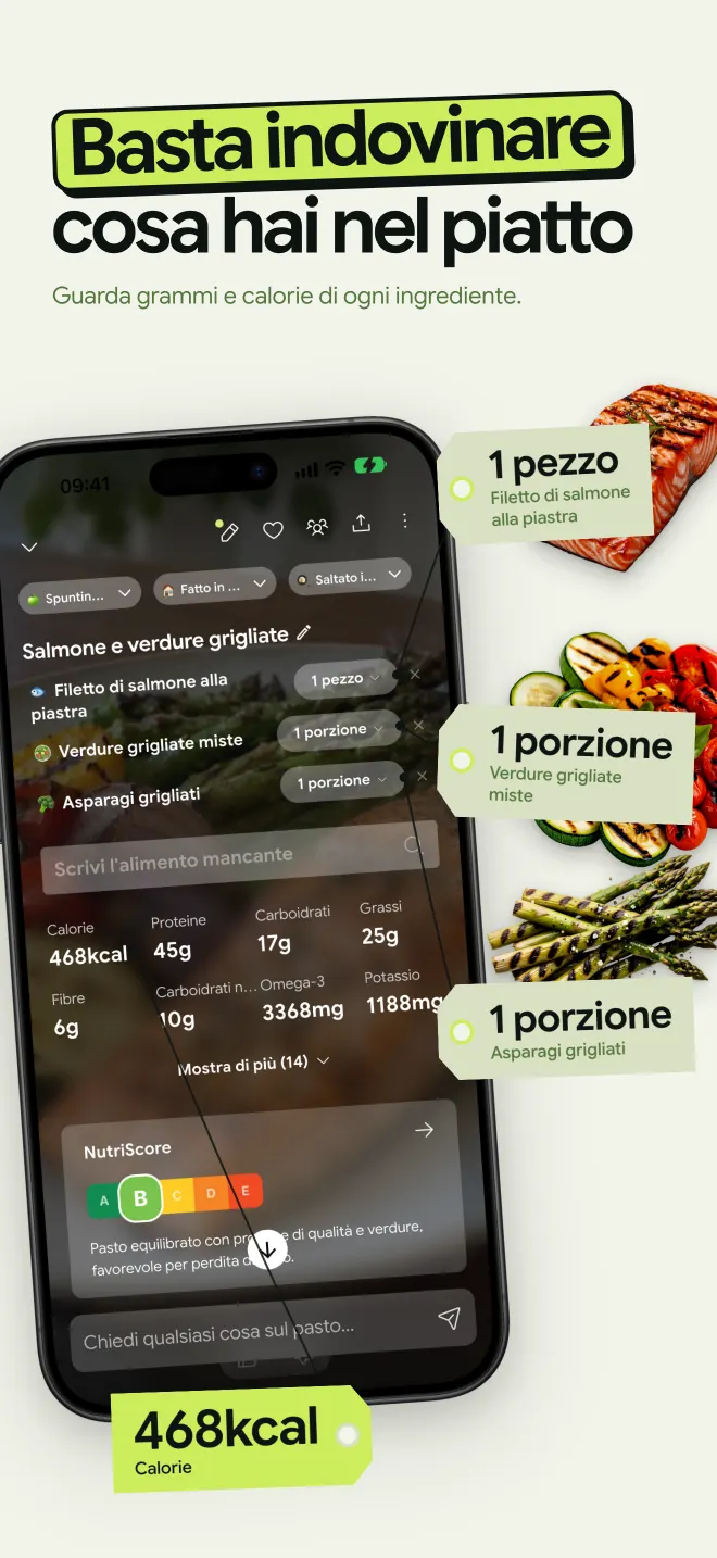 NutriScan riconosce salmone e verdure grigliate da una foto, con porzioni e calorie di ogni ingrediente, 468 kcal in totale