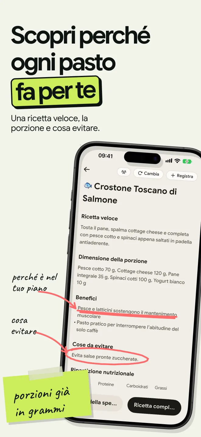 Un pasto del piano con ricetta veloce, porzioni in grammi, benefici e cose da evitare