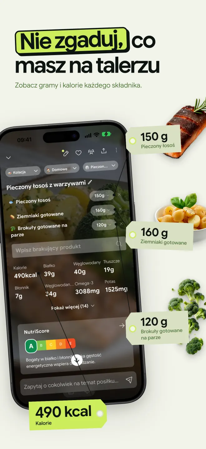 NutriScan rozpoznaje ze zdjęcia pieczonego łososia, gotowane ziemniaki i brokuły na parze, z gramaturą każdego składnika i sumą 490 kcal