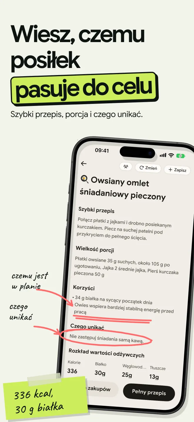 Posiłek z planu z szybkim przepisem, porcjami w gramach, korzyściami i tym, czego unikać