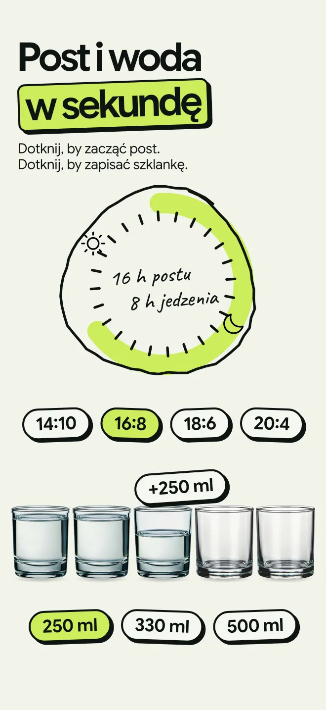 Timer postu 16:8 z opcjami 14:10, 18:6 i 20:4 oraz zapisywanie wody jednym dotknięciem